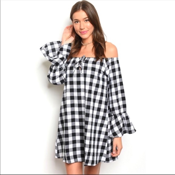 ✨Black and White Gingham Checked Off the Shoulder Slip-Shift Dress✨Tunic✨New‎ - Picture 3 of 8